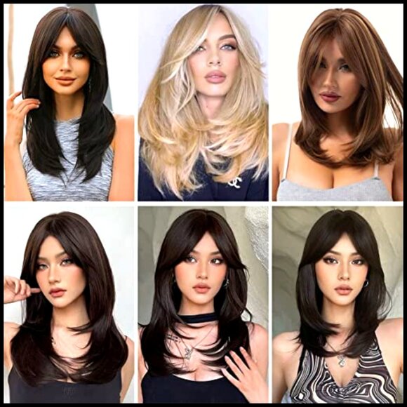 Long Straight Layered Wig with Bangs Heat Resistant Synthetic Fibre Glueless main image 6